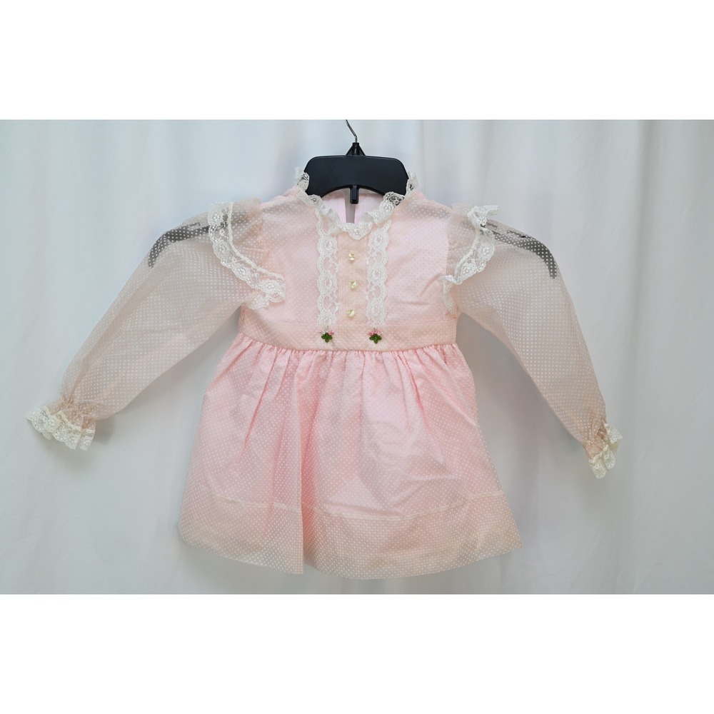 Vintage Style Pink Polka Dot Lace Trim Long Sleeve Party Dress Kids